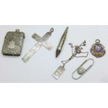 A silver and enamel fob, a plated vesta case, a Finnish silver and gold fronted pendant and chain, a