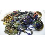 Costume jewellery including glass bead necklaces, micro-mosaic brooch, etc.