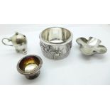 Three items of hallmarked silver and a white metal pot with Chinese mark, 255g