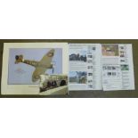 A signed print of a spitfire, E.J. Carter fighter pilot, 81 Squadron with photos and ephemera