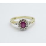 A 9ct gold, ruby and diamond cluster ring, 3g, Q