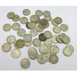 Approximately 50 sixpence coins, pre 1947, 135.5g