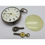 A silver pocket watch, loose glass