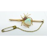 A 9ct gold, opal and garnet set spider brooch, by Saunders & Shepherd, 9g, bar 75mm