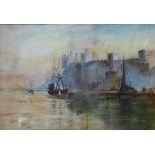 T. Gourley, coastal landscape with a castle, watercolour, 25 x 37cms, framed