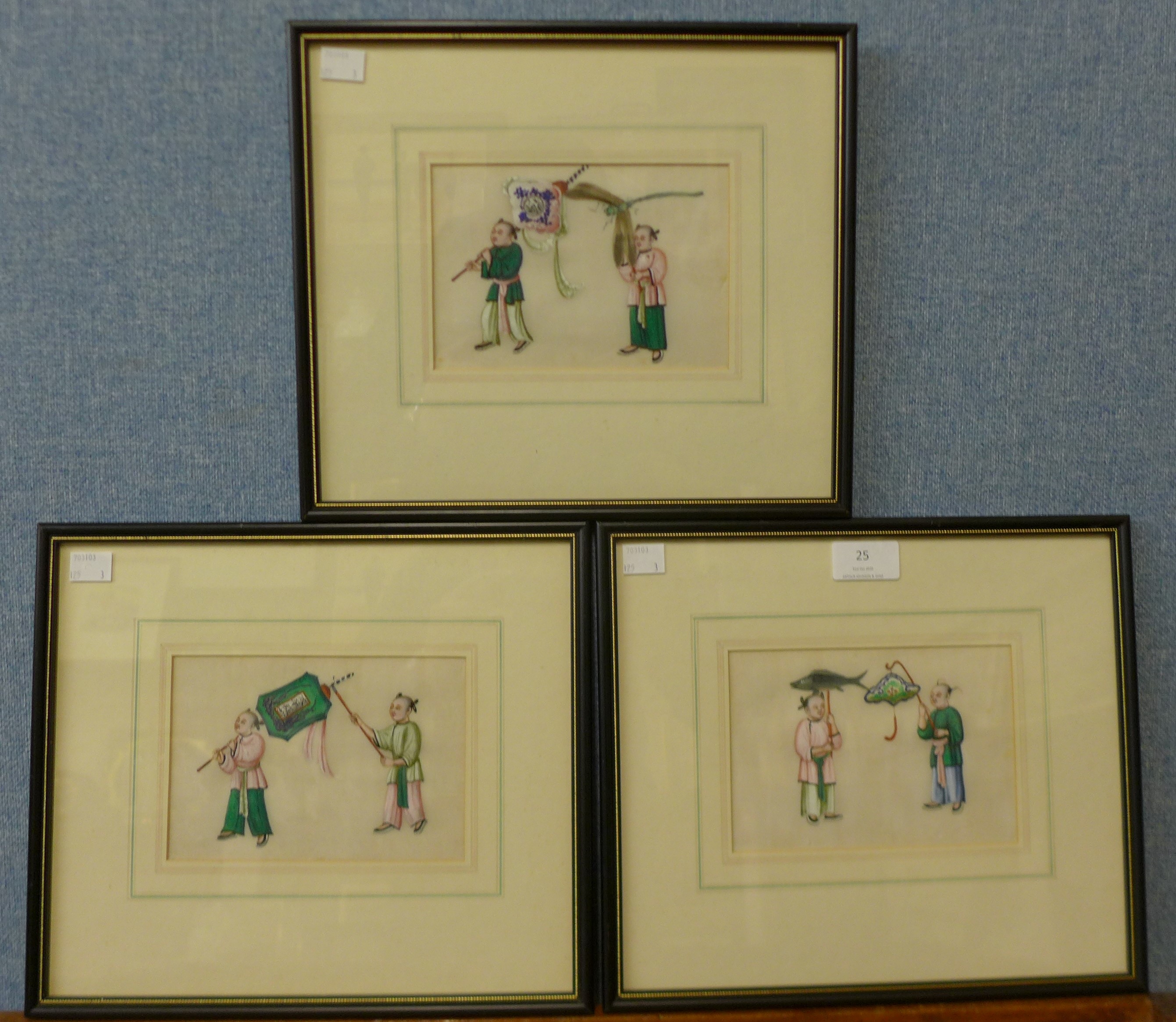 Chinese School, set of three paintings on pith paper, 11 x 16cms, framed