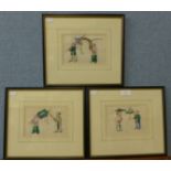 Chinese School, set of three paintings on pith paper, 11 x 16cms, framed