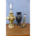 An Italian porcelain table lamp, a brass table lamp and a Romanesque painted vase