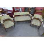 A Victorian inlaid rosewood salon settee and pair of similar tub chairs
