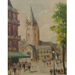 Italian School (mid 20th Century), town square scene, oil on board, unsigned, 51 x 40cms, framed