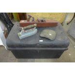 A steel chest with vintage iron, Richmond & Son brass sign and a wood smoothing plane