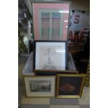 A box of framed prints, drawings including Anne Menin Gibson watercolour, still life by Dan