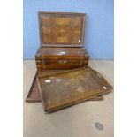 A Victorian rosewood and brass writing box and three trays