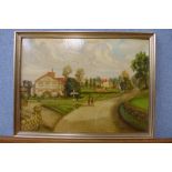 Elias Lacey, village scene, oil on board, framed