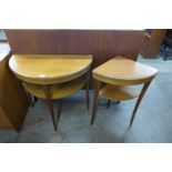 A Legate teak demi lune hall table and matching corner table