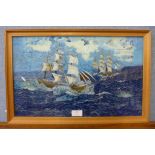 A marine scene, reverse painting on glass, framed