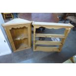 A pine wall hanging corner cabinet and wall shelves