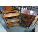 A small mahogany display cabinet and an oak open bookcase