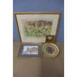 Two oil paintings, oval still life and a small landscape and two watercolours, still life and a