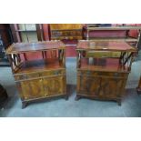 A pair of Regency style inlaid mahogany and yew wood etageres