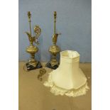 A pair of rococo style brass and marble based table lamps, one a/f