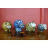 Four glazed terracotta studio pottery animals