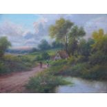 A.E. King, figures on a rural country path, oil on canvas, 29 x 39cms, framed