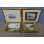 Two pen, ink and watercolours and two rural landscapes, oil on board, framed