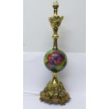 A Moorcroft hibiscus table lamp base, 40cm, (gilt resin base cracked, under the 'globe')