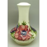 A Moorcroft anemone table lamp base on cream ground, with paper label, Late Queen Mary', 19cm, (