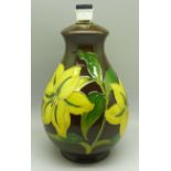 A Moorcroft Bermuda yellow lily table lamp base, 20cm, no wiring