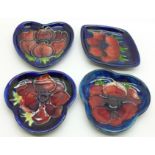 Four small Moorcroft anemone dishes, with box
