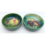 Two small Moorcroft bowls, Leaves and Fruit and orchid, 8cm diameter, (159,162)
