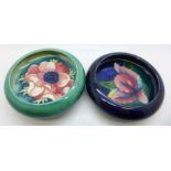 Two Moorcroft dishes, orchid a/f, chip under the rim, and anemone, 11cm, (14,125)