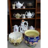 Two large jardinieres, a flatback figure, The Rivals and a box of Victorian and later teapots,