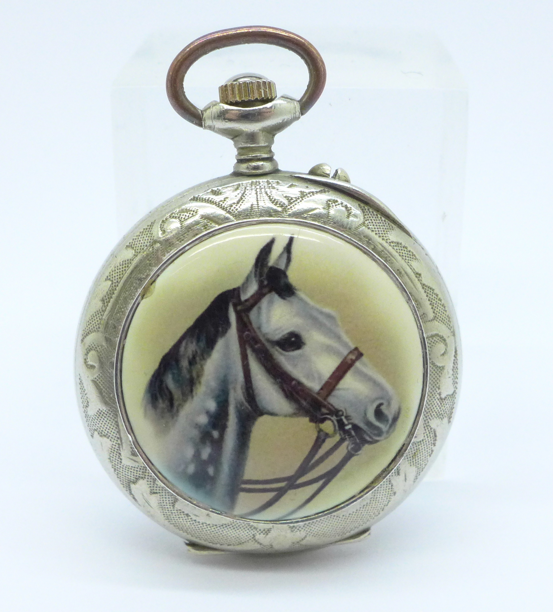 A fob watch with enamel dial and with applied enamel plaque depicting a horse on the case back, - Image 3 of 5