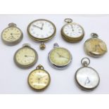 An 8-Days travel clock, no case, and a collection of pocket watches, a/f