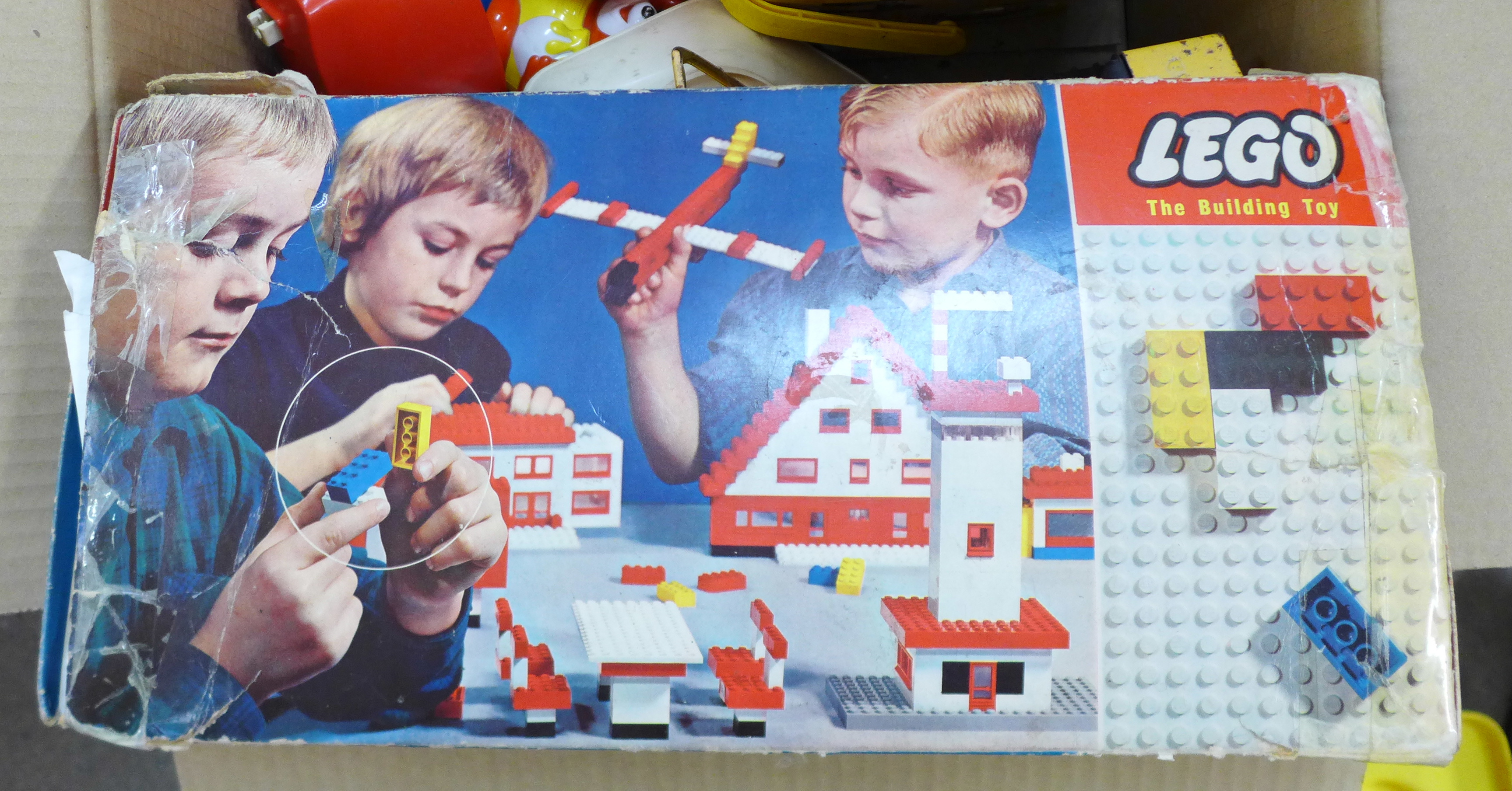 A box of mixed toys including Lego 040 set (1970's), Minic Toys coach, a/f, Duplo, Fisher Price - Image 3 of 3