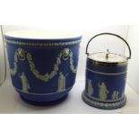 A Wedgwood Jasperware jardiniere and biscuit barrel with plated top, jardiniere diameter 23.5cm