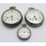 Two silver cased pocket watches and a silver fob watch, a/f