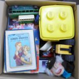 A box of mixed toys including Lego 040 set (1970's), Minic Toys coach, a/f, Duplo, Fisher Price