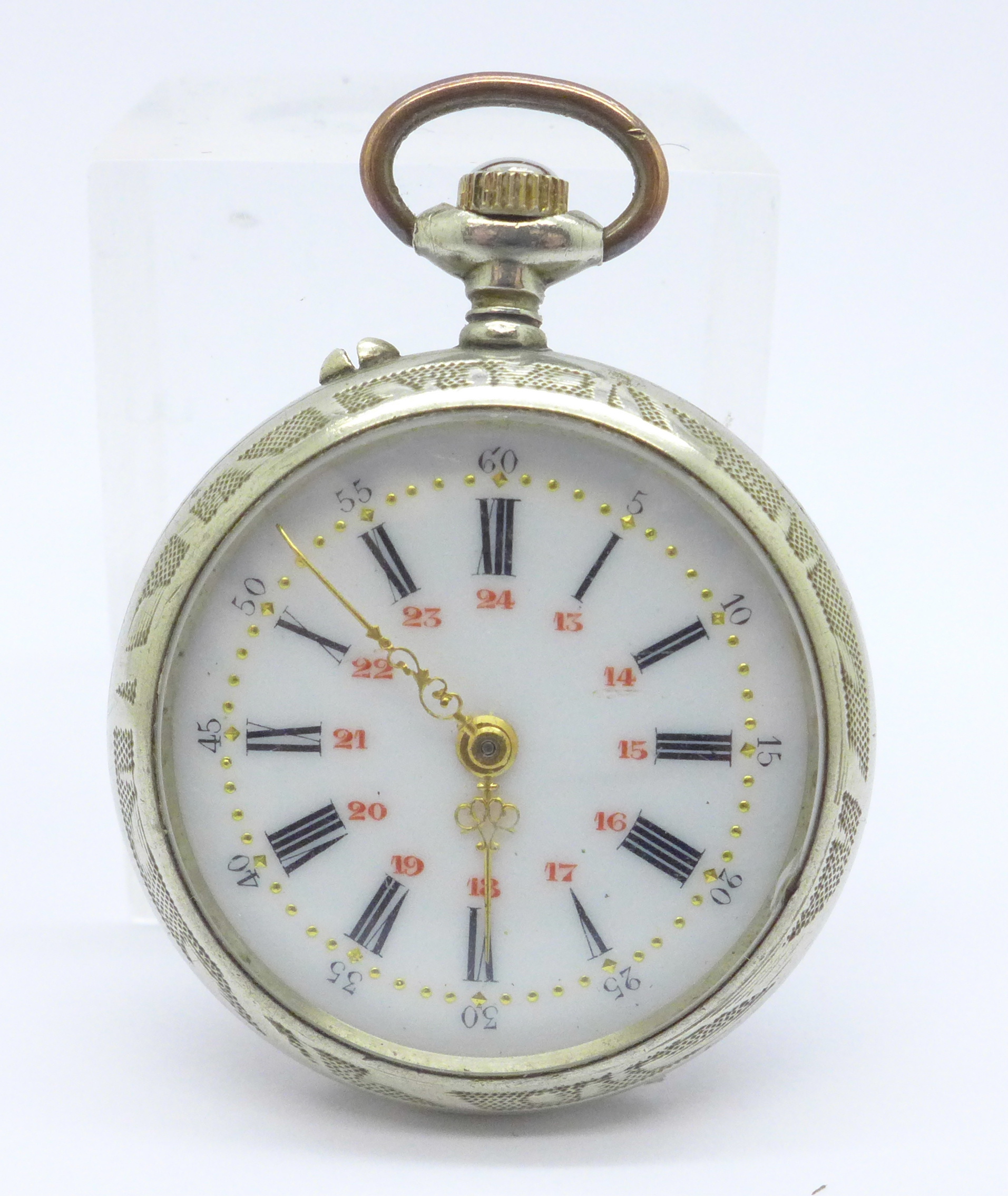 A fob watch with enamel dial and with applied enamel plaque depicting a horse on the case back,