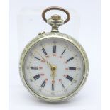 A fob watch with enamel dial and with applied enamel plaque depicting a horse on the case back,