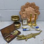 A pair of candlesticks, a crocodile nut cracker, a copper tray, clock, bowls, etc. **PLEASE NOTE