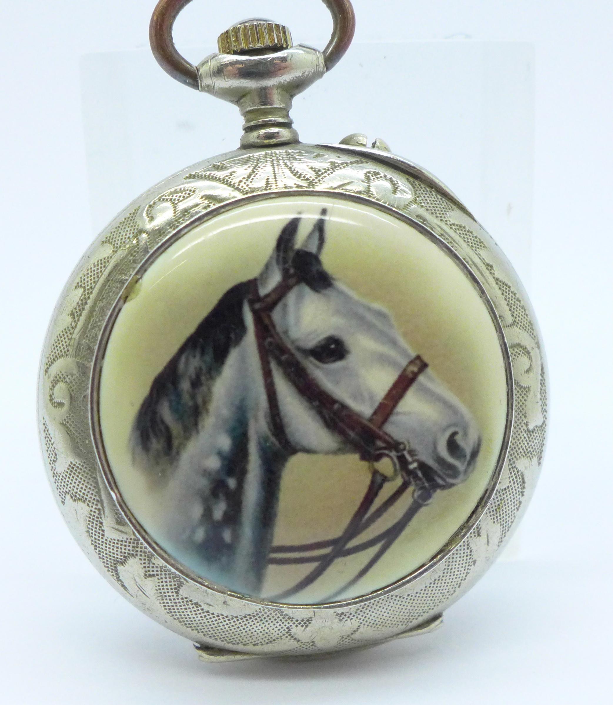 A fob watch with enamel dial and with applied enamel plaque depicting a horse on the case back, - Image 4 of 5