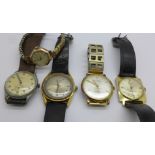 A lady's 9ct gold cased wristwatch and four gentleman's wristwatches