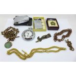 An Ingersoll pocket watch, plated Albert chains, a bracelet and three lighters