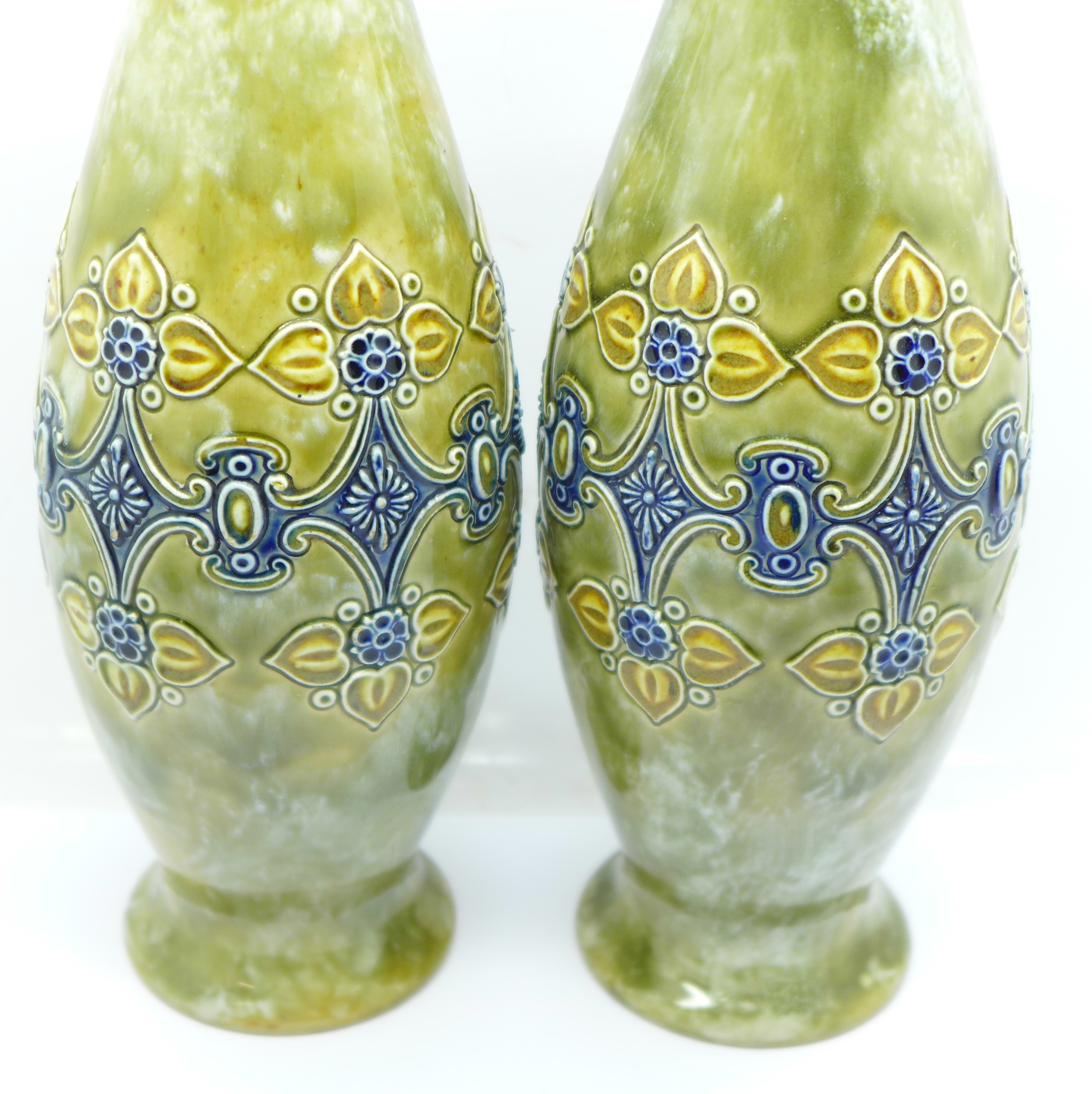 A pair of Royal Doulton saltglaze relief moulded vases, 27cm - Image 2 of 5