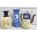 A Langley Pottery leadless glaze vase, teapot and a Chinese blue and white vase