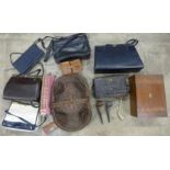 Lady's handbags, an inlaid workbox and costume jewellery, glove box and gloves with plated base